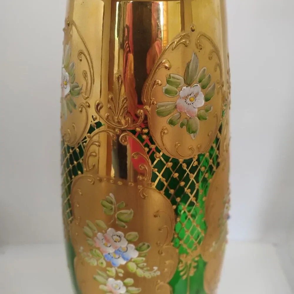 18” Handmade Italian Decorative Vase – Green & Gold Bohemian Glass-hand painted